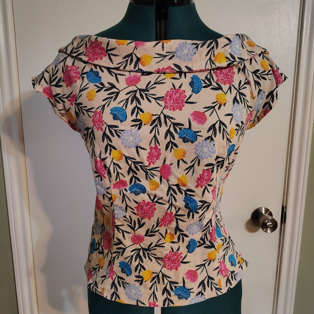 Collectif Cream Floral Boatneck Blouse with Pink Blue Yellow Flowers